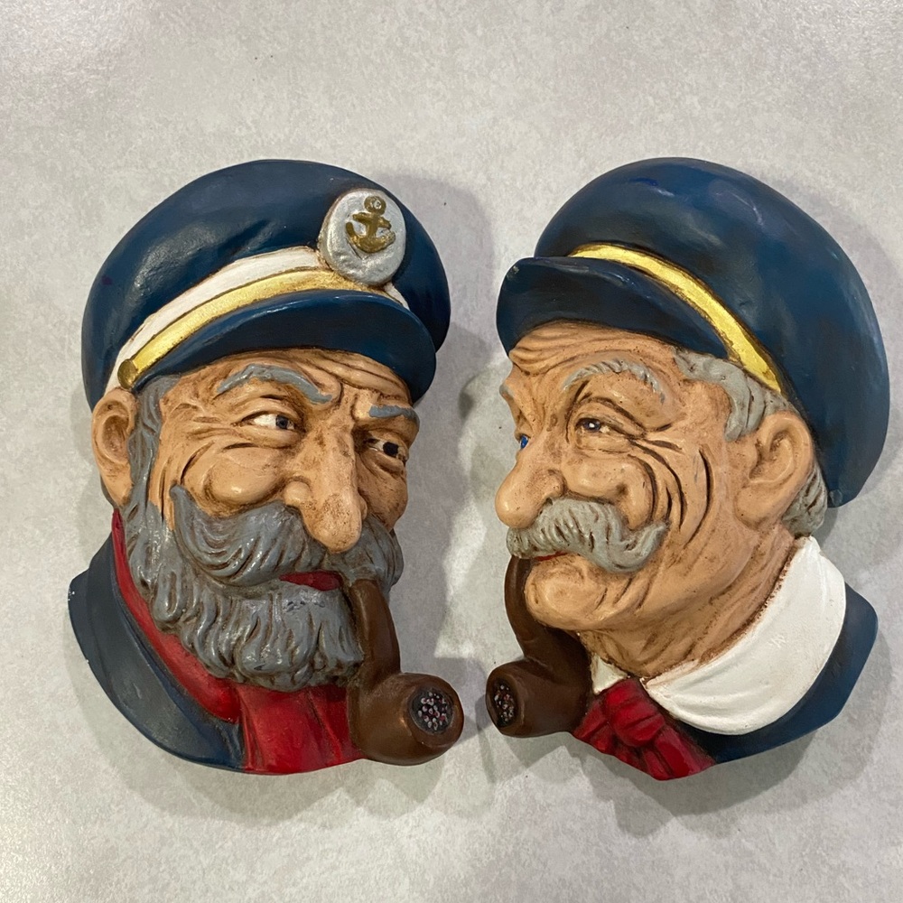 Pair of two vintage vintage Chalkware fishermen heads